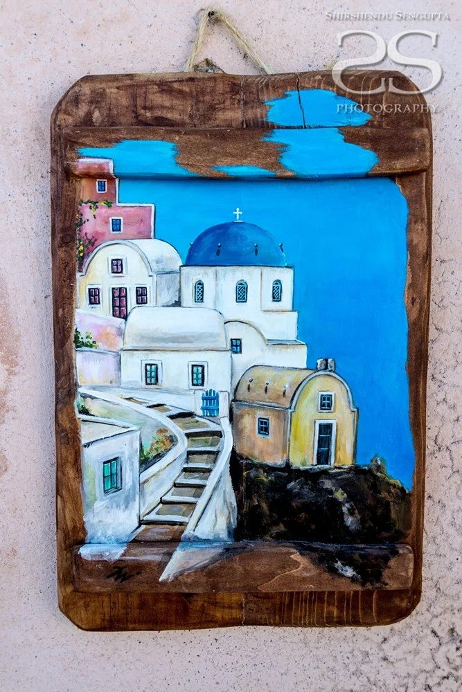 painting of white houses church bell towers blue domes oia imerovigli firostefani fira village santorini greece caldera volcanic island